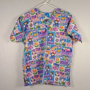 SCRUB HQ Animal Scrub Top Womens XS Angel Love Protect Heart‎ Flower Moon